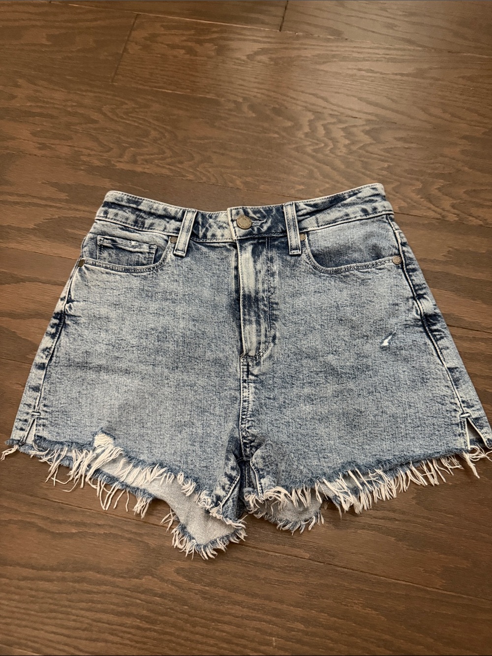 PAIGE Light Blue High-Rise Distressed Denim Shorts